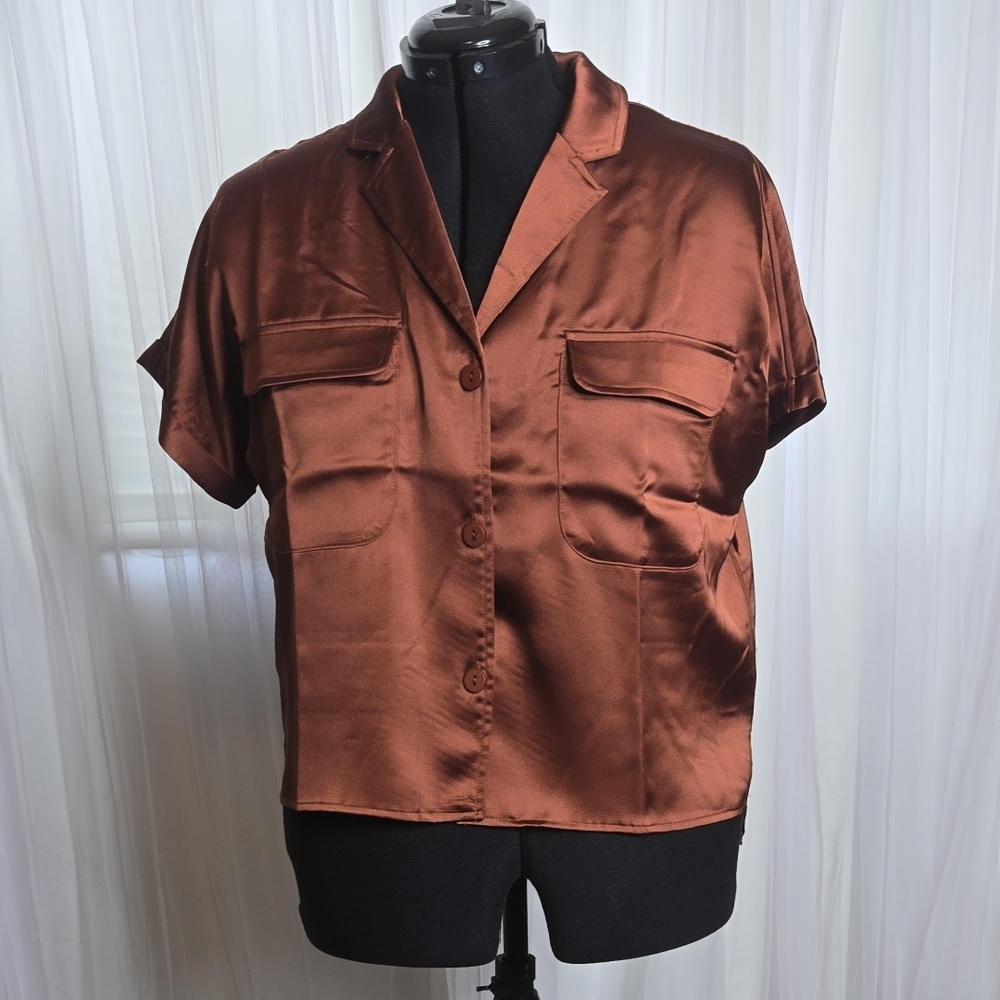 Rachel Zoe Satin Button Down Shirt in Rich Brown